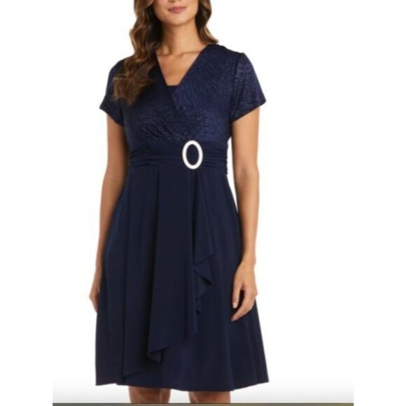 R&M Richards Womens Navy Cascade Wrap Dress Waist Sash formal size 10 new $99 - Picture 1 of 9